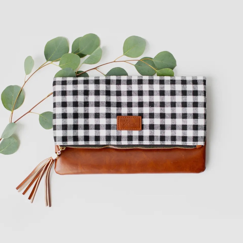 Fold Over Clutch Brown Vegan Leather with Black & White Buffalo Checks